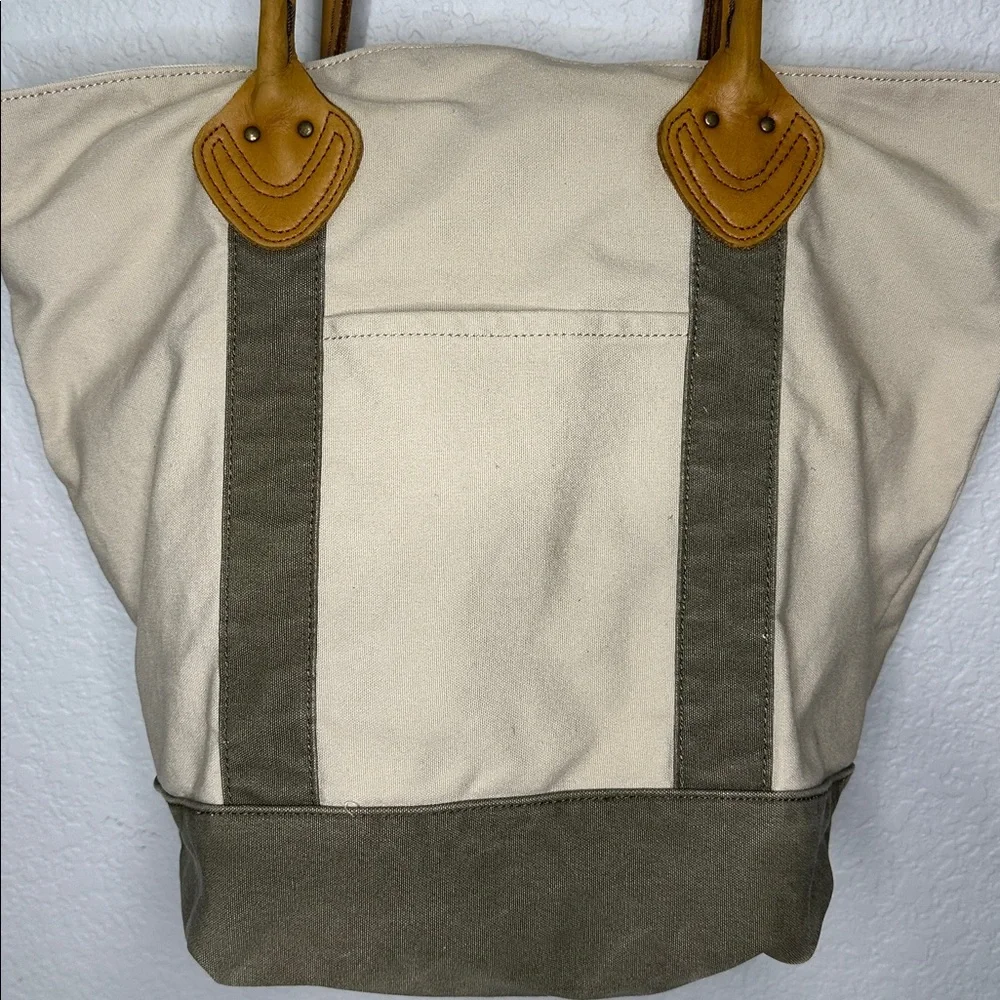 LL Bean Canvas Tote Bag with Tan Leather Handles - Picture 3 of 9